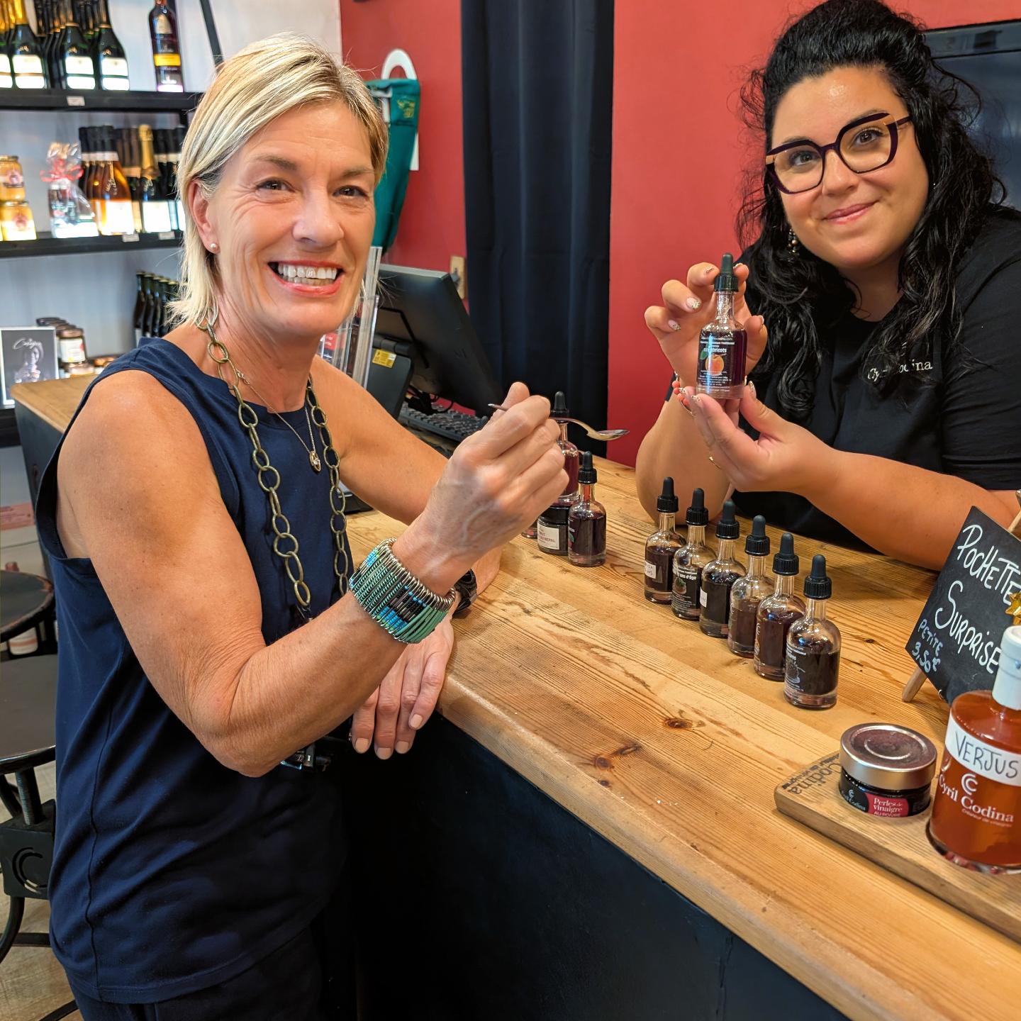 Recent trip to Lagrasse, where my sister Beverly lives. We dropped into Cyril Codina for a vinegar tasting with Mathilde - five wine vinegars, five balsamics, two tiny drops at a time.

Came away with 15-year-old red wine vinegar and blackberry balsamic. Lots of ideas. 🍶 

#lagrasse #vinegartasting #goodfoodkitchen